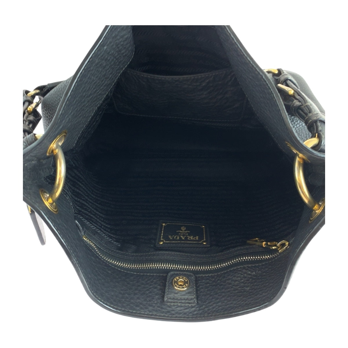 19487
PRADA プラダ ヴィッテロダイノ ロゴ ブラック 黒 ゴールド金具 レザー ホーボー ショルダーバッグ 肩掛け  レディース ABP64