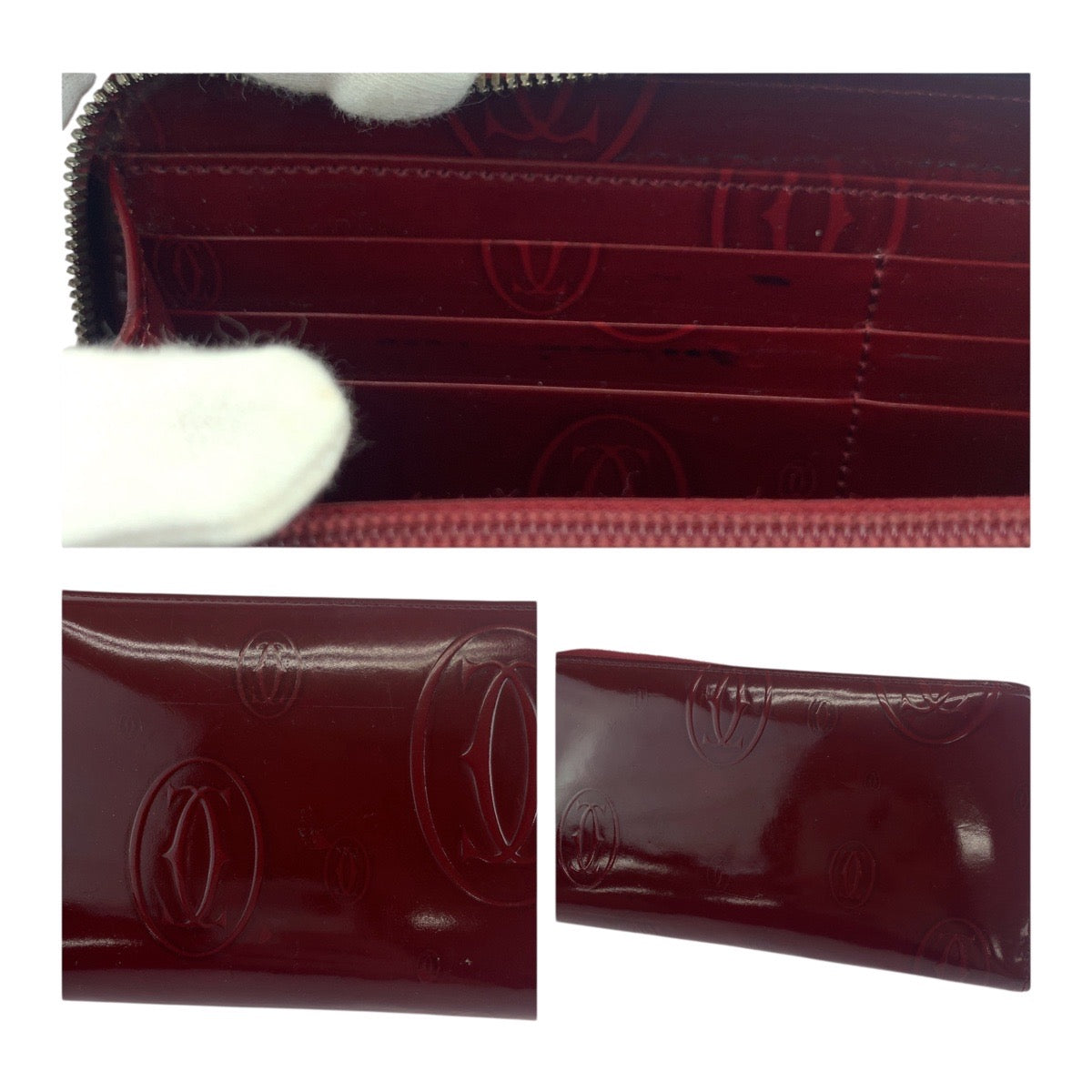 19503
CARTIER カルティエ ハッピーバースデー ボルドー シルバー金具 パテントレザー 長財布 ラウンドファスナー  レディース ABP13