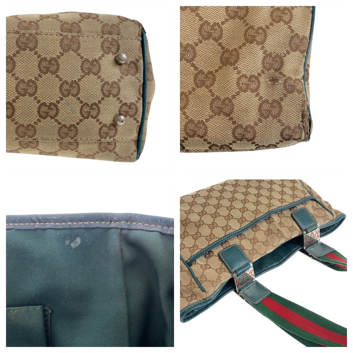 19520
GUCCI グッチ シェリーライン ベージュ グリーン シルバー金具 GGキャンバス / レザー 145810 トートバッグ ショルダーバッグ  レディース AB20
