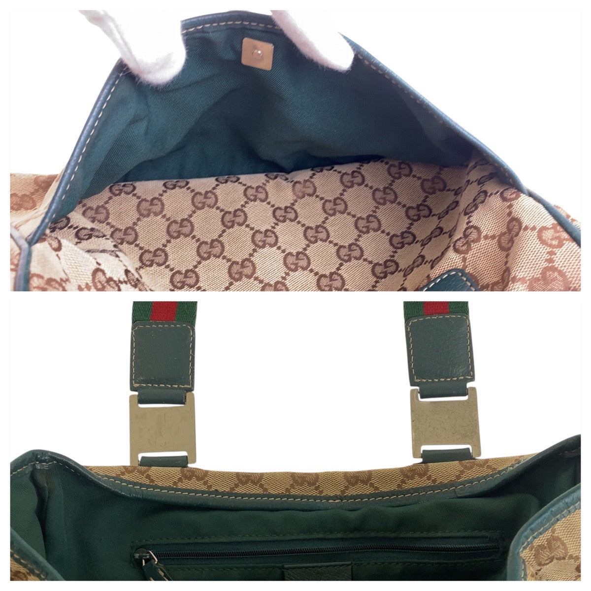 19520
GUCCI グッチ シェリーライン ベージュ グリーン シルバー金具 GGキャンバス / レザー 145810 トートバッグ ショルダーバッグ  レディース AB20