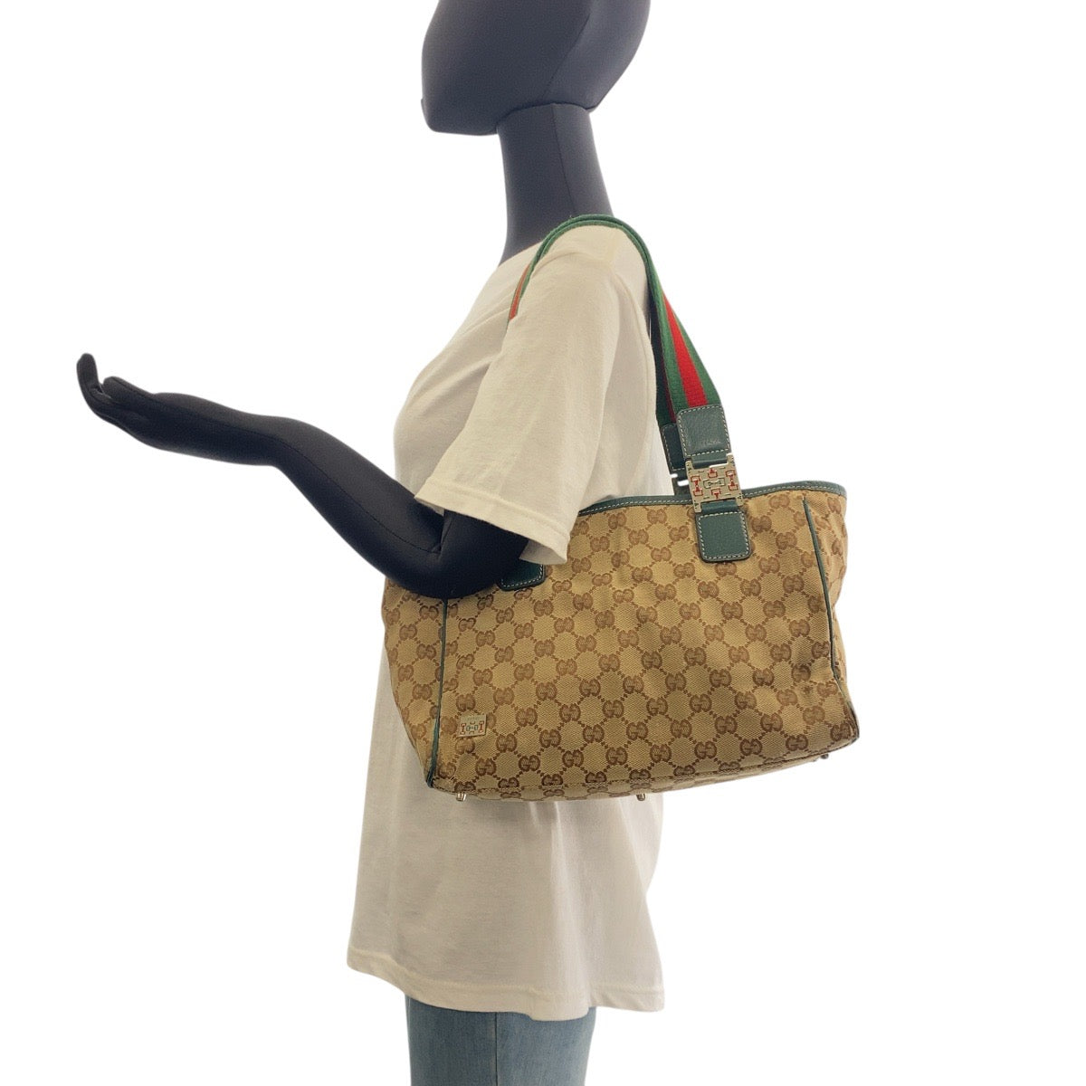19520
GUCCI グッチ シェリーライン ベージュ グリーン シルバー金具 GGキャンバス / レザー 145810 トートバッグ ショルダーバッグ  レディース AB20