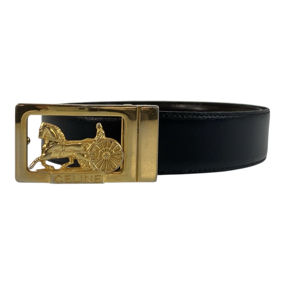 19523
CELINE Vintage Carriage Clasp 74cm Black Leather Belt with Gold Hardware Buckle for Women ABP15
