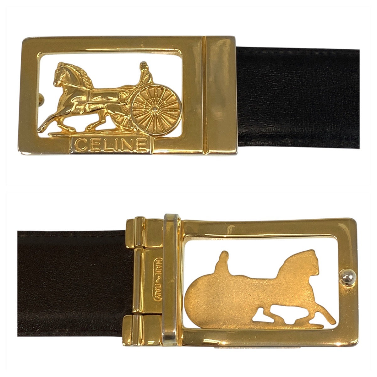 19523
CELINE Vintage Carriage Clasp 74cm Black Leather Belt with Gold Hardware Buckle for Women ABP15