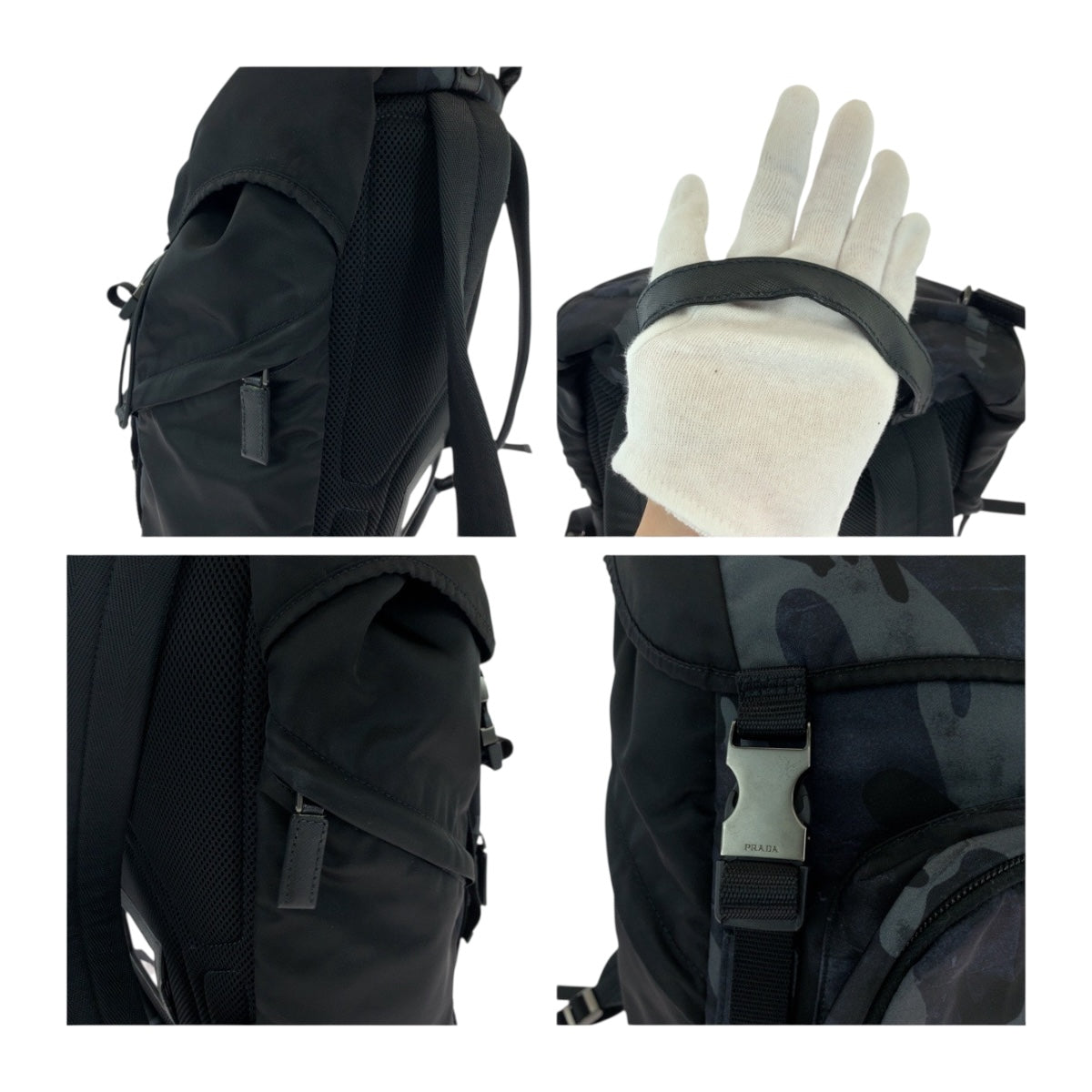 19541
PRADA プラダ テスート カモフラ柄 三角ロゴプレート ブルー ブラック シルバー金具 ナイロン V135 リュックサック バックパック  メンズ A89