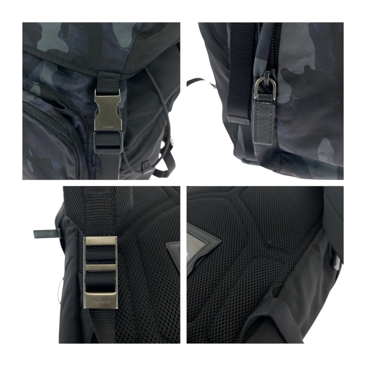 19541
PRADA プラダ テスート カモフラ柄 三角ロゴプレート ブルー ブラック シルバー金具 ナイロン V135 リュックサック バックパック  メンズ A89