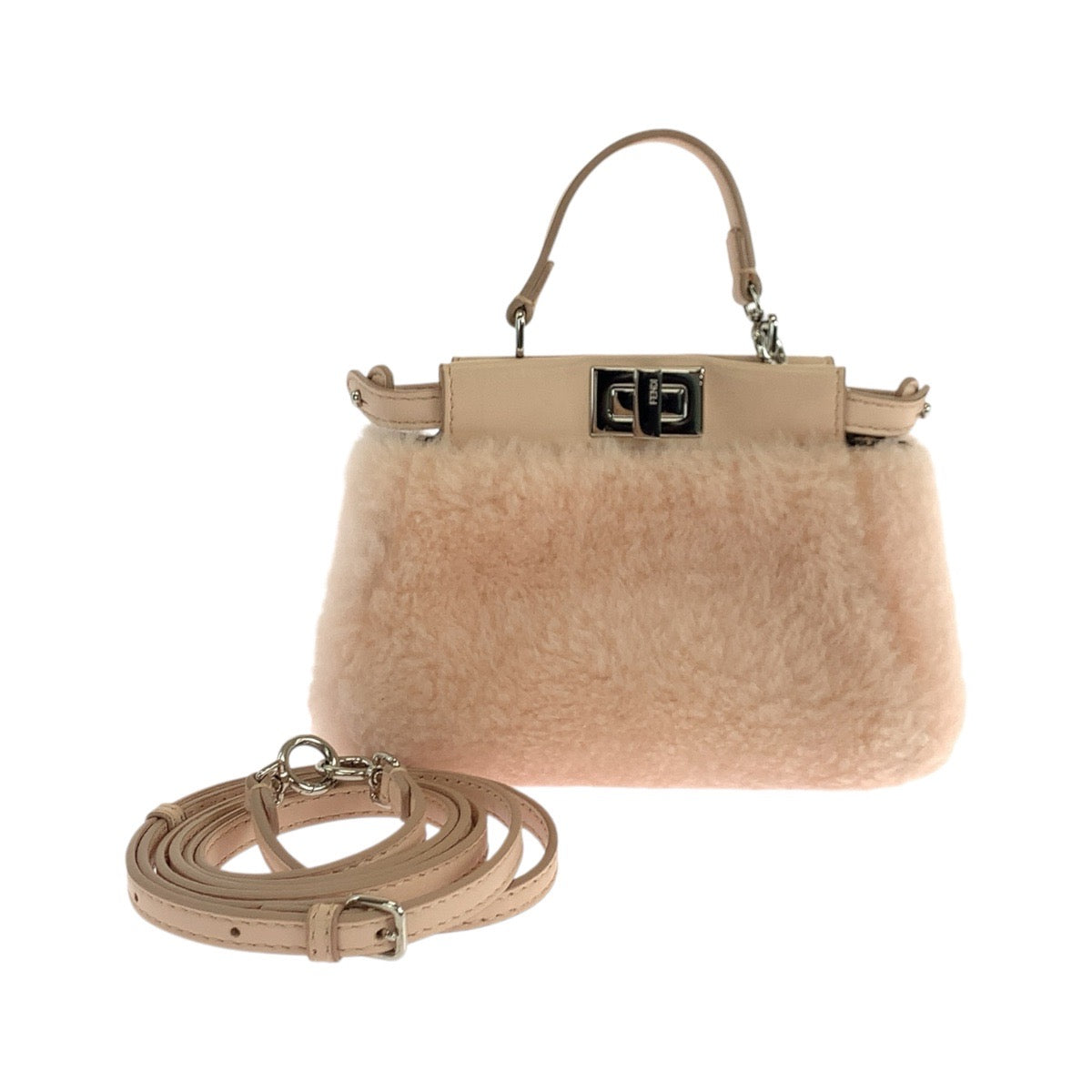19546
FENDI フェンディ マイクロピーカブー ピンク ピンクベージュ シルバー金具 レザー / ムートン 8M0355 ショルダーバッグ ポシェット レディース ABP66