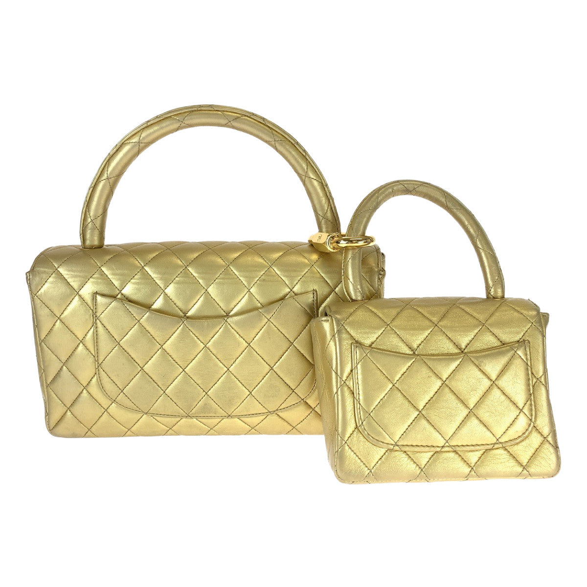 19606
CHANEL シャネル ヴィンテージ マトラッセ 親子バッグ ココマーク ターンロック カラビナ ゴールド ラムスキン ハンドバッグ バニティバッグ レディース ABP1300