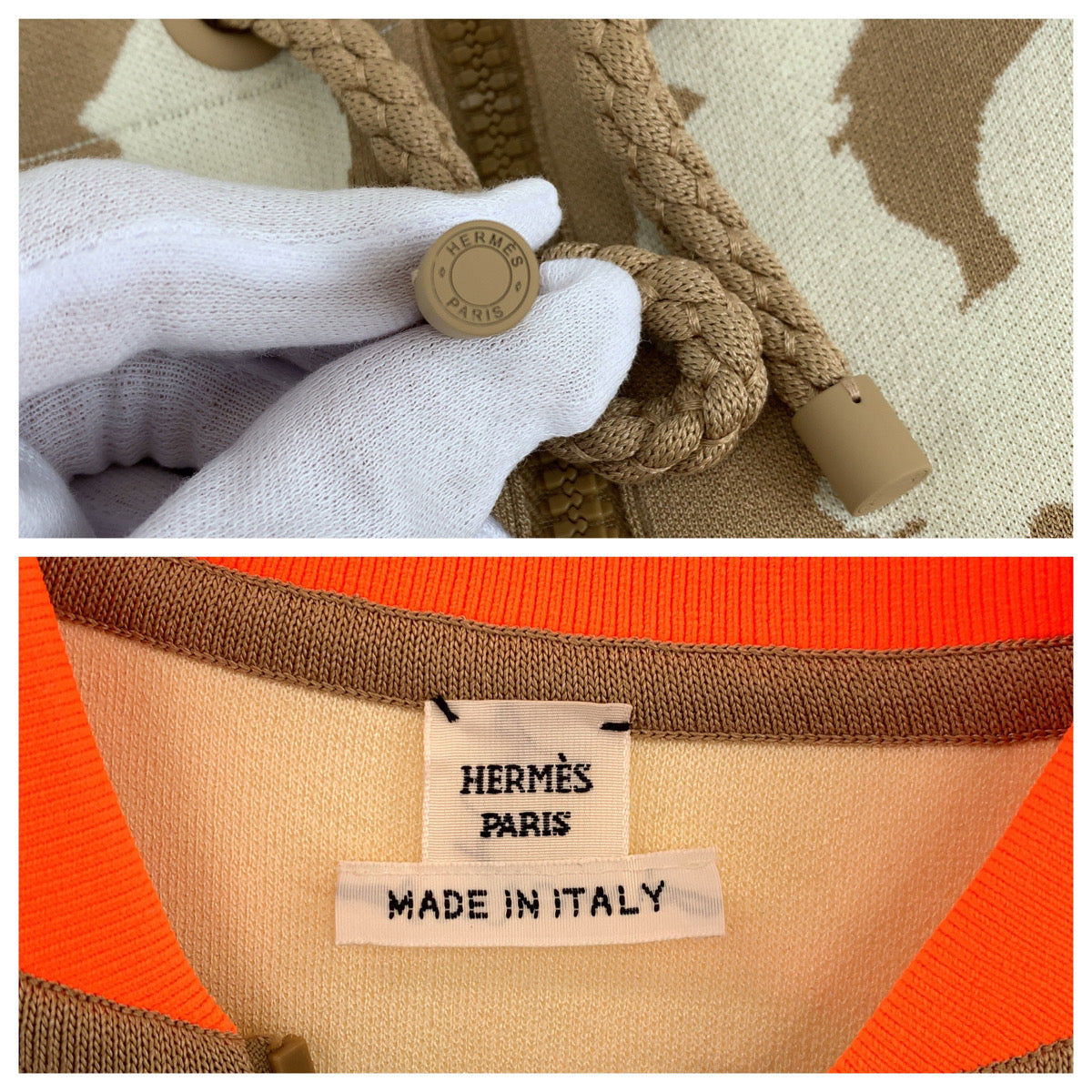 19611
HERMES エルメス ツイルレーヌ サイズ34 タグ付き ブラウン オレンジ シルク / ポリエステル 2H2816DR ジャケット カーディガン ジャージ レディース N320