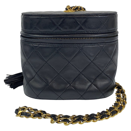 22864
CHANEL シャネル ヴィンテージ ココマーク フリンジ ブラック ゴールド金具 ラムスキン ショルダーバッグ バニティバッグ レディース AB189