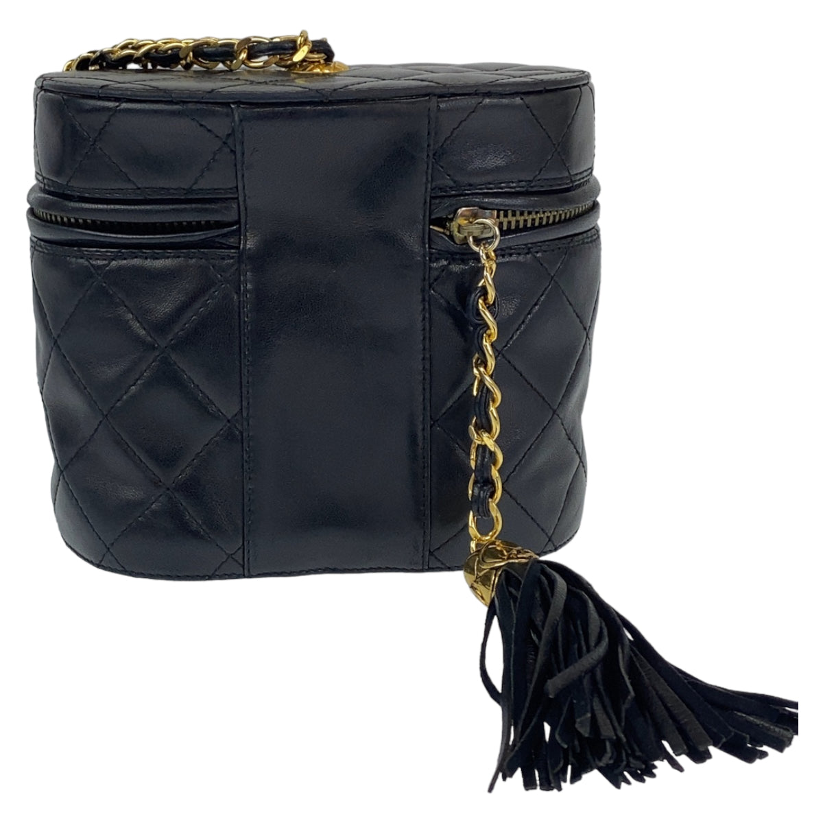 22864
CHANEL シャネル ヴィンテージ ココマーク フリンジ ブラック ゴールド金具 ラムスキン ショルダーバッグ バニティバッグ レディース AB189
