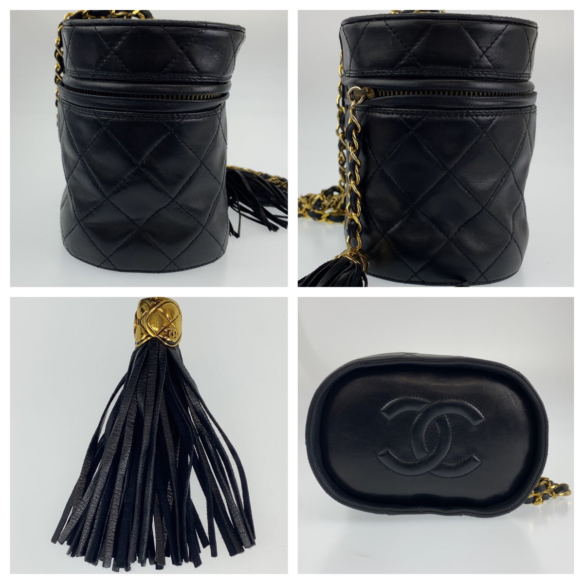 22864
CHANEL シャネル ヴィンテージ ココマーク フリンジ ブラック ゴールド金具 ラムスキン ショルダーバッグ バニティバッグ レディース AB189