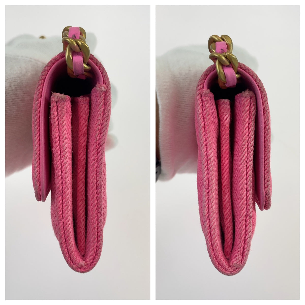 19615
CHANEL シャネル シャネル19 マトラッセ ピンク マットゴールド金具 キャンバス 折財布 チェーンウォレット レディース ABP170