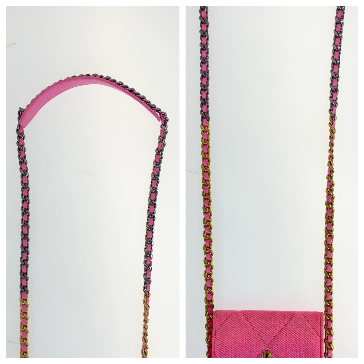 19615
CHANEL シャネル シャネル19 マトラッセ ピンク マットゴールド金具 キャンバス 折財布 チェーンウォレット レディース ABP170