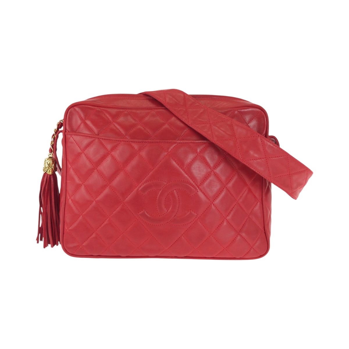 CHANEL シャネル ヴィンテージ マトラッセ ココマーク タッセル フリンジ レッド ゴールド金具 ラムスキン ショルダーバッグ ポシェット  レディース AB