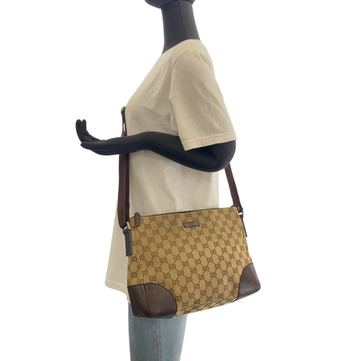 19639
GUCCI グッチ ベージュ ブラウン シルバー金具 GGキャンバス / レザー 114 273 ショルダーバッグ メッセンジャーバッグ レディース AB31