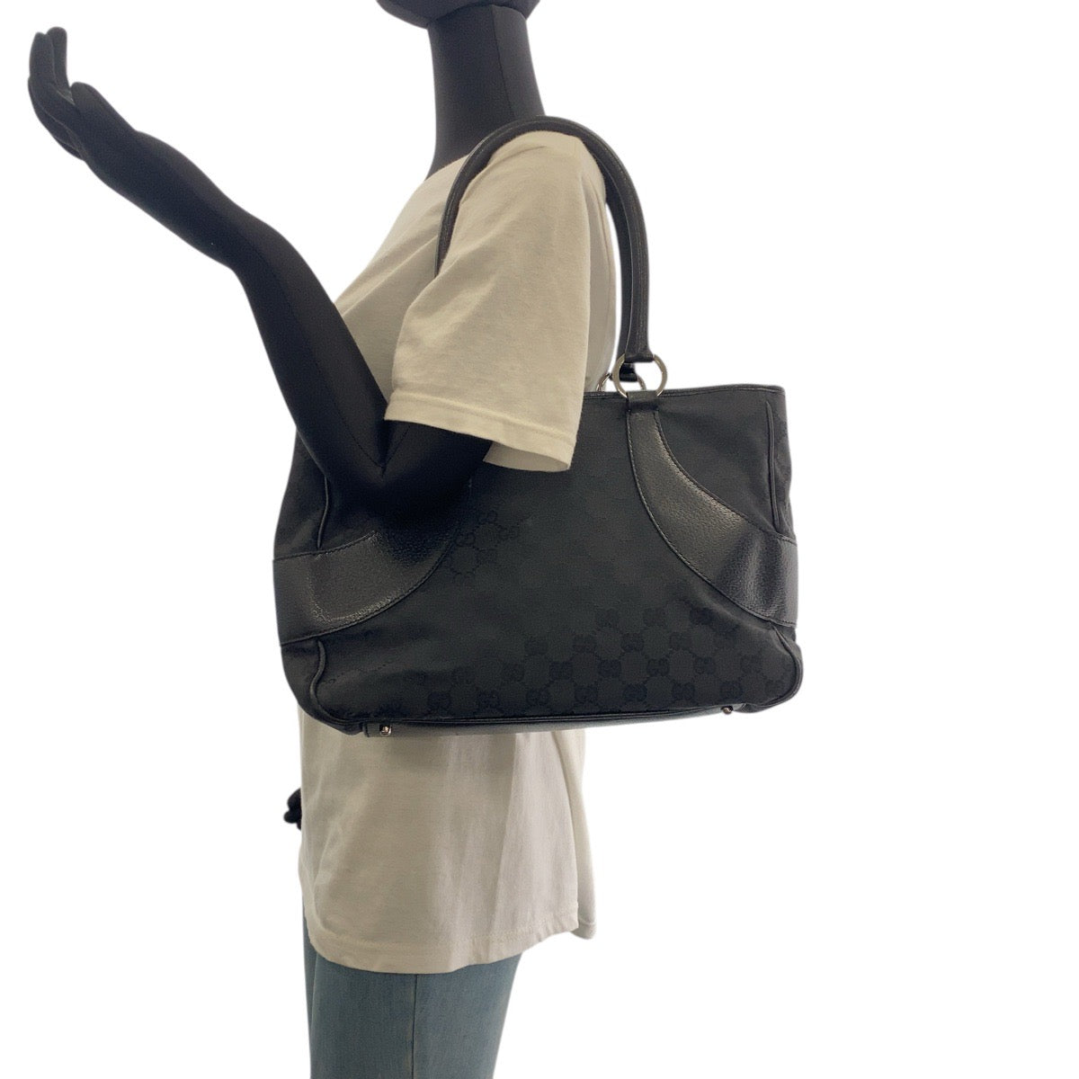 19640
GUCCI グッチ ブラック 黒 シルバー金具 GGキャンバス / レザー 113 011 トートバッグ ショルダーバッグ レディース AB31