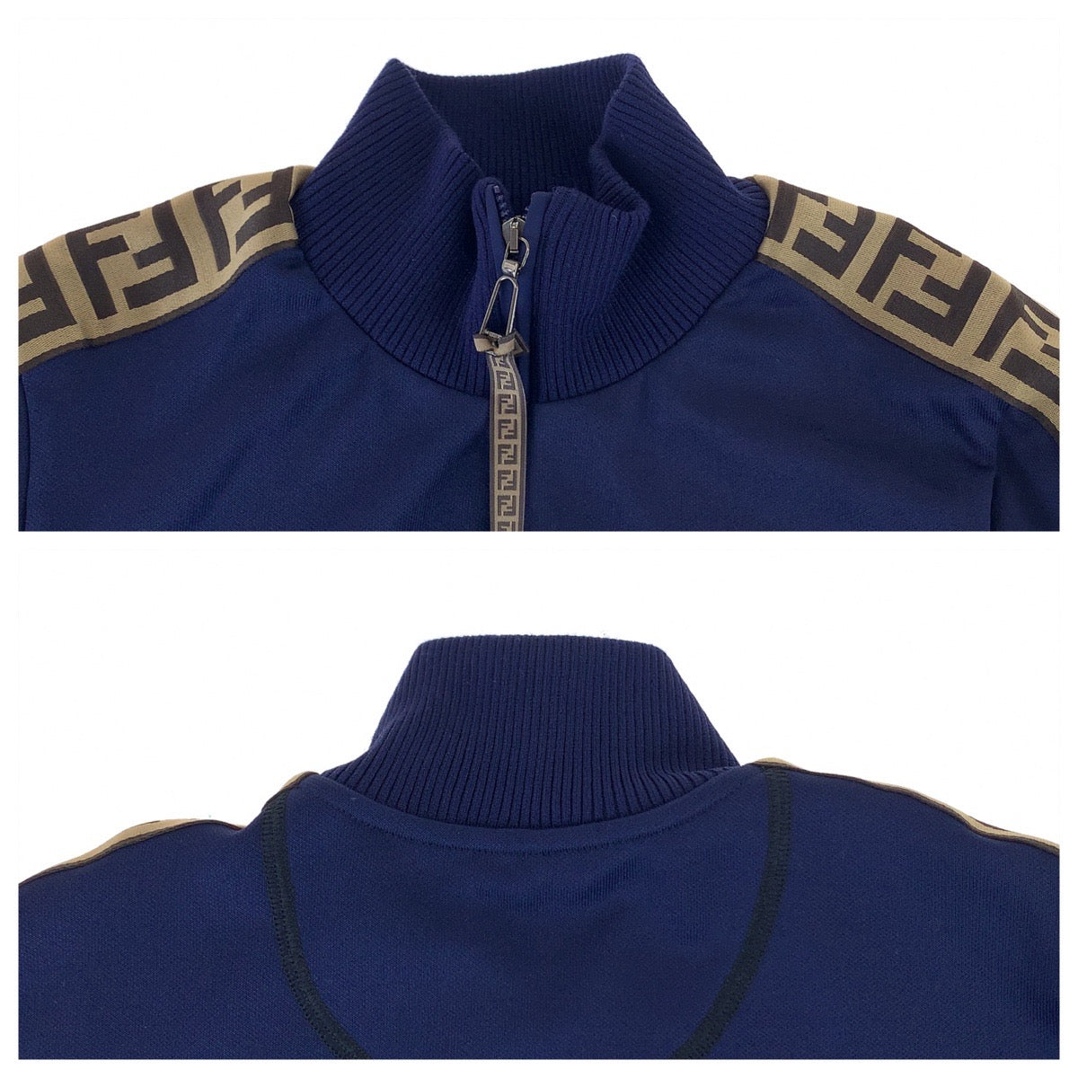 19654
FENDI フェンディ ズッカ柄 サイドライン サイズ36 ネイビー ブラウン シルバー金具 ポリエステル FAF069 ADH8 トラックジャケット ジャージ  レディース A