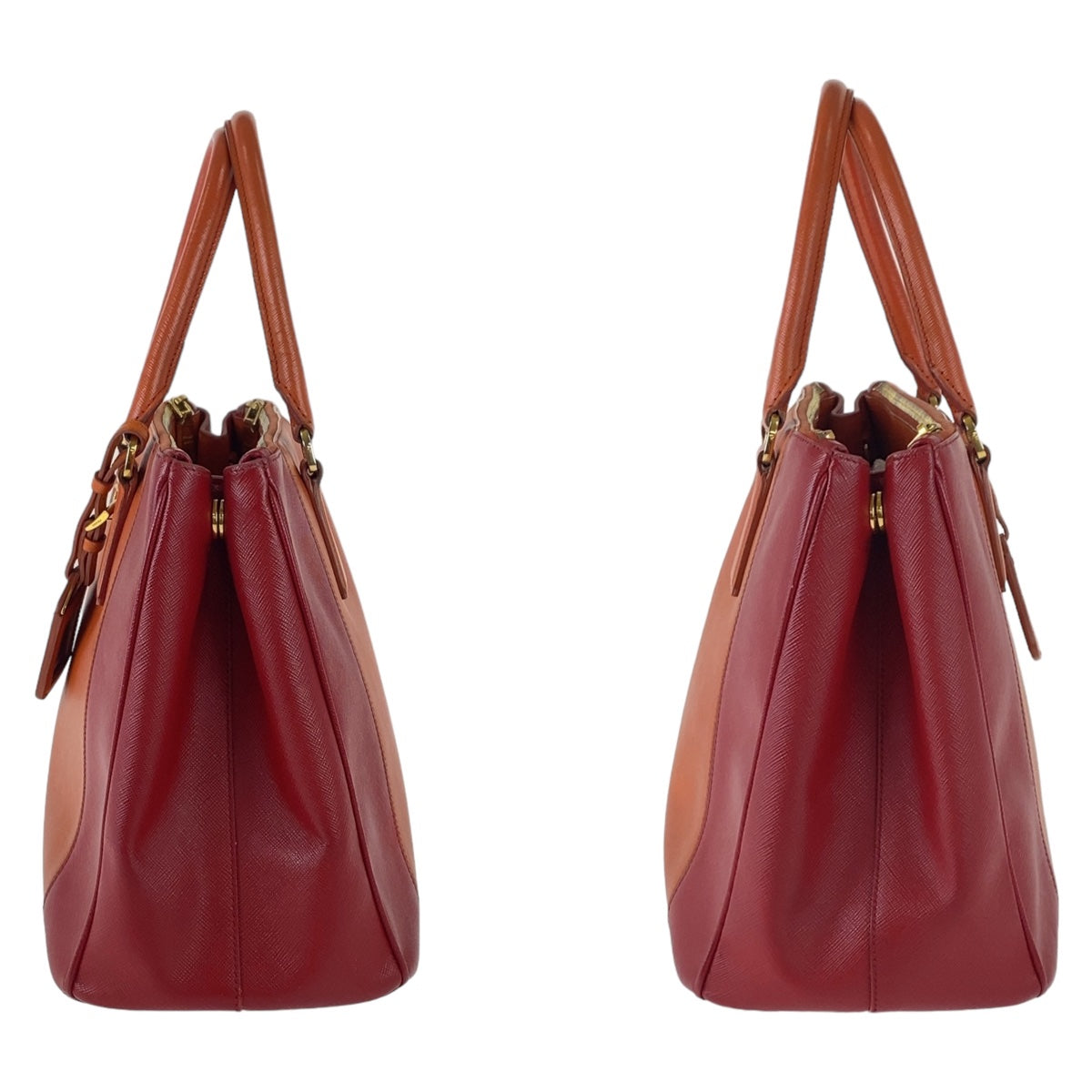 19656
PRADA プラダ サフィアーノ 三角ロゴプレート オレンジ レッド バイカラー ゴールド金具 レザー ハンドバッグ トートバッグ レディース AB56