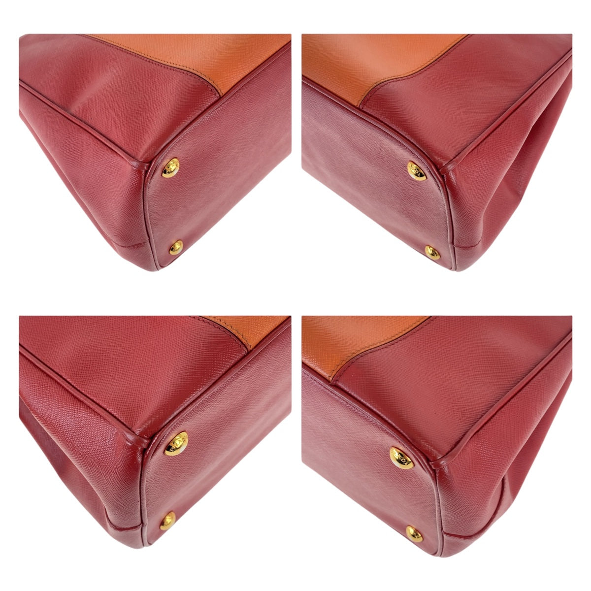 19656
PRADA プラダ サフィアーノ 三角ロゴプレート オレンジ レッド バイカラー ゴールド金具 レザー ハンドバッグ トートバッグ レディース AB56