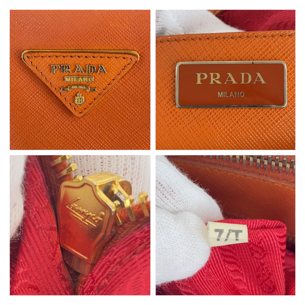 19656
PRADA プラダ サフィアーノ 三角ロゴプレート オレンジ レッド バイカラー ゴールド金具 レザー ハンドバッグ トートバッグ レディース AB56