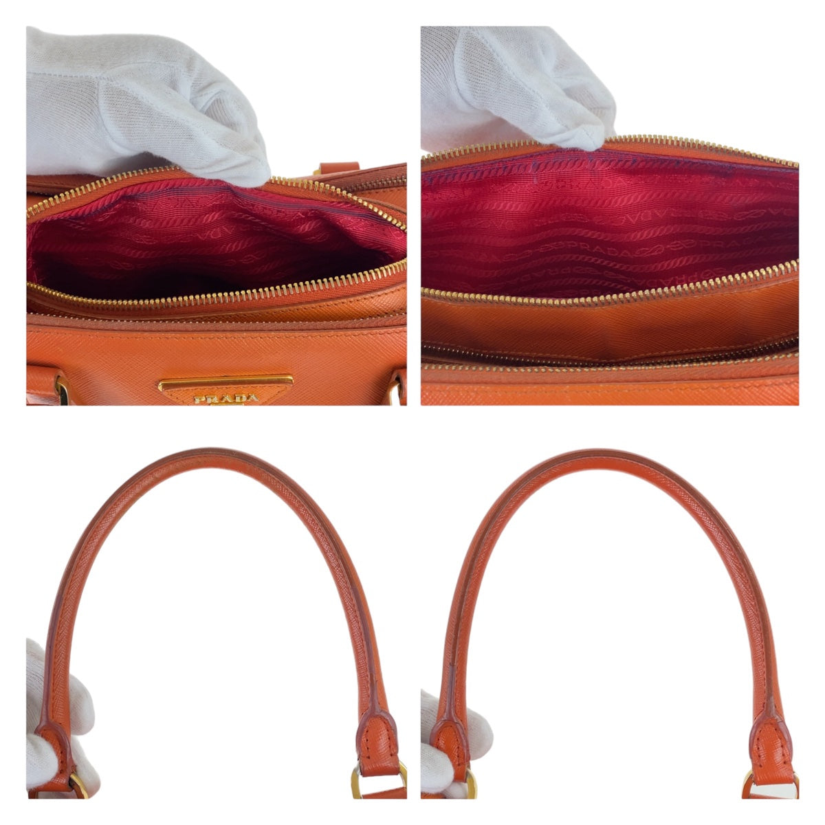 19656
PRADA プラダ サフィアーノ 三角ロゴプレート オレンジ レッド バイカラー ゴールド金具 レザー ハンドバッグ トートバッグ レディース AB56