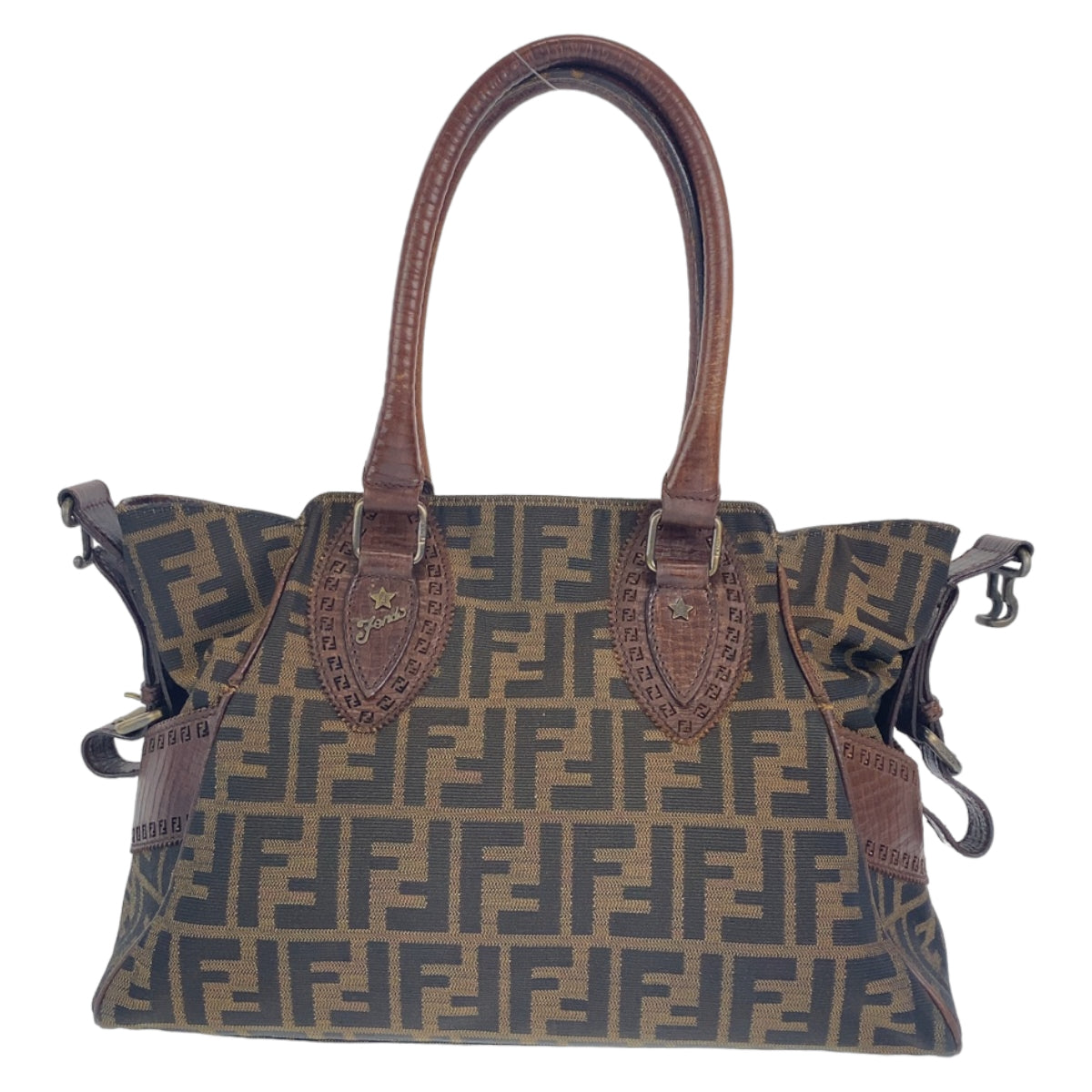 19669
FENDI フェンディ ズッカ柄 エトニコ ブラウン キャンバス / レザー ショルダーバッグ ハンドバッグ トートバッグ レディース AB50
