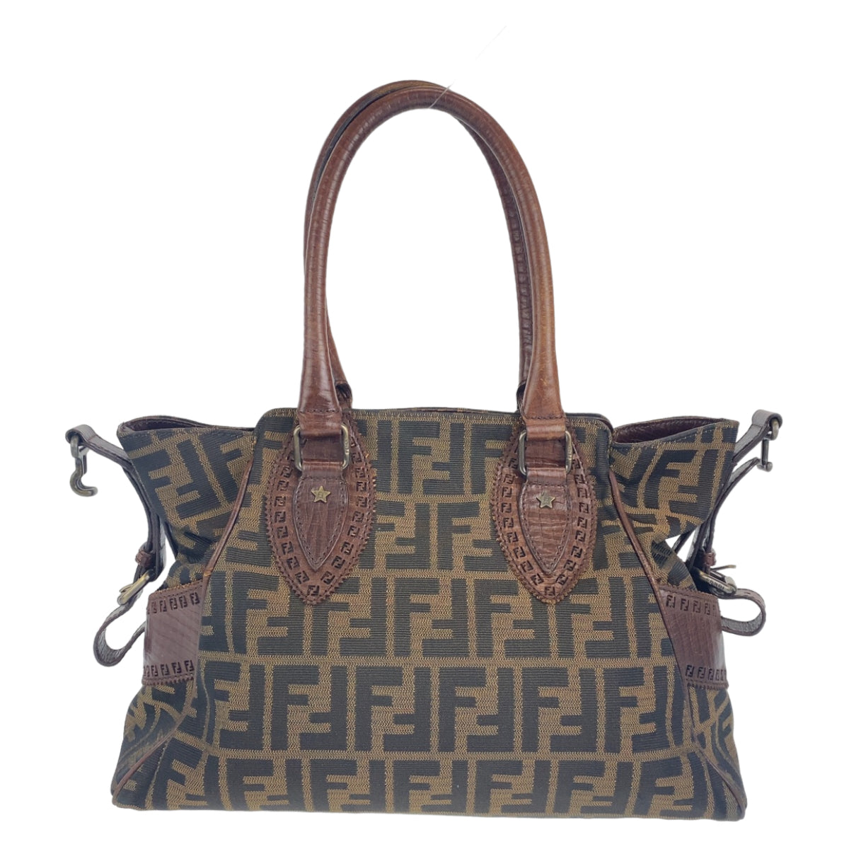19669
FENDI フェンディ ズッカ柄 エトニコ ブラウン キャンバス / レザー ショルダーバッグ ハンドバッグ トートバッグ レディース AB50