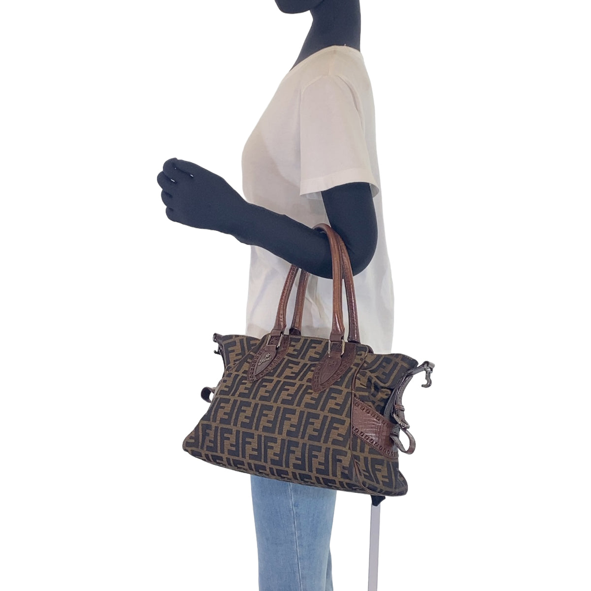 19669
FENDI フェンディ ズッカ柄 エトニコ ブラウン キャンバス / レザー ショルダーバッグ ハンドバッグ トートバッグ レディース AB50