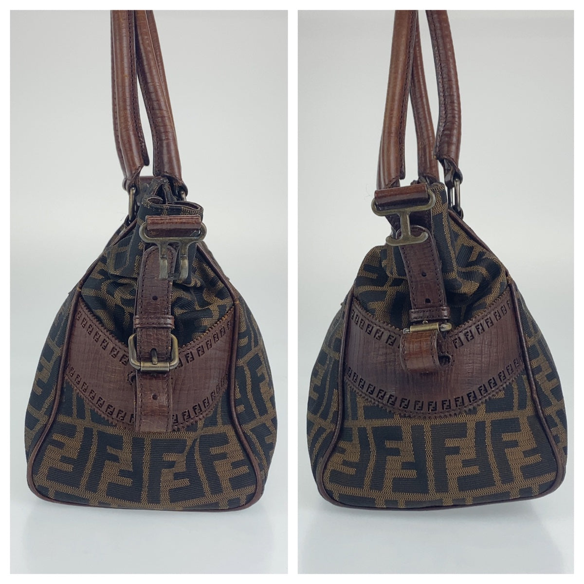 19669
FENDI フェンディ ズッカ柄 エトニコ ブラウン キャンバス / レザー ショルダーバッグ ハンドバッグ トートバッグ レディース AB50