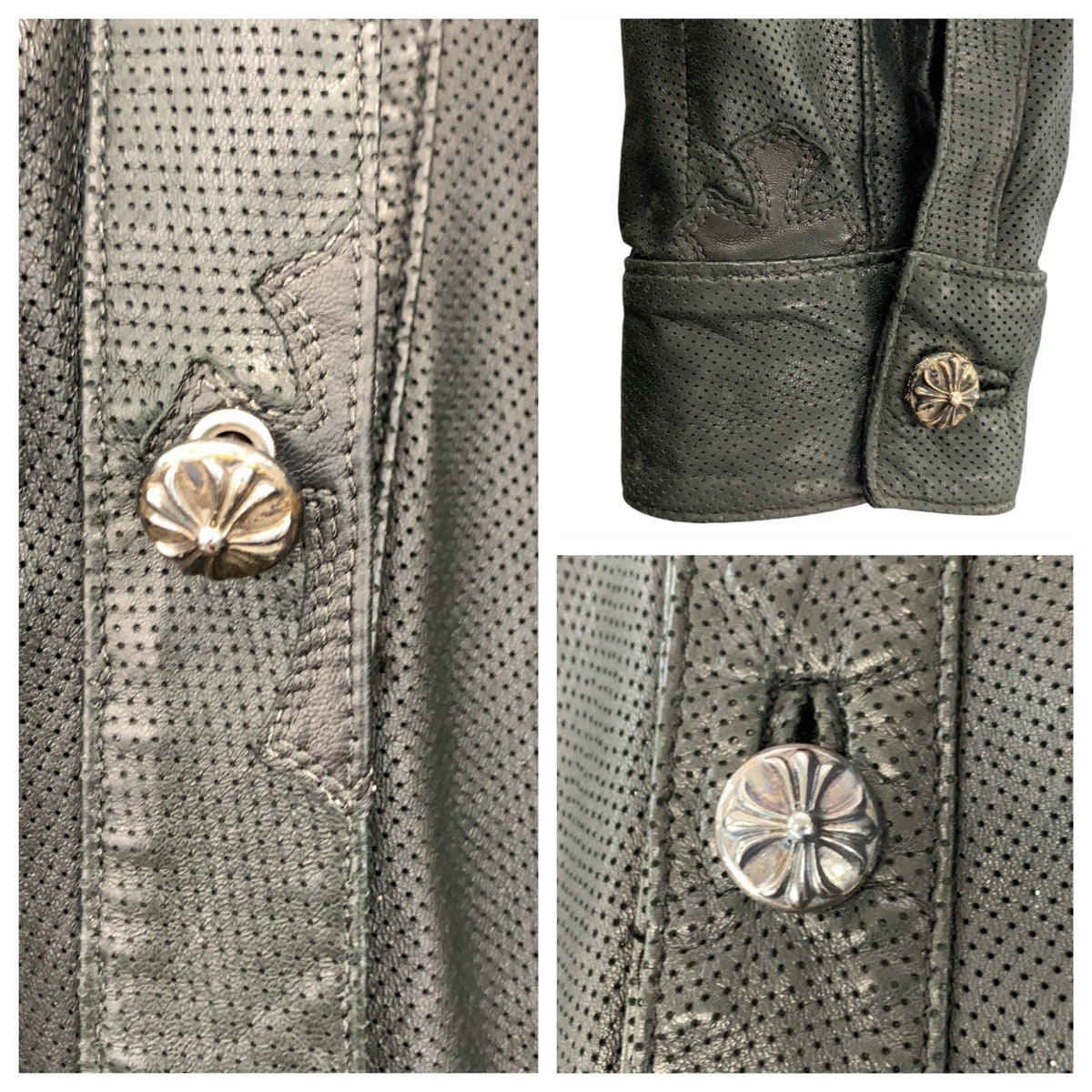 19677
CHROME HEARTS クロムハーツ クロスパッチ クロスボールボタン パンチング サイズS ブラック 黒 レザー 長袖シャツ レザーシャツ メンズ AB400