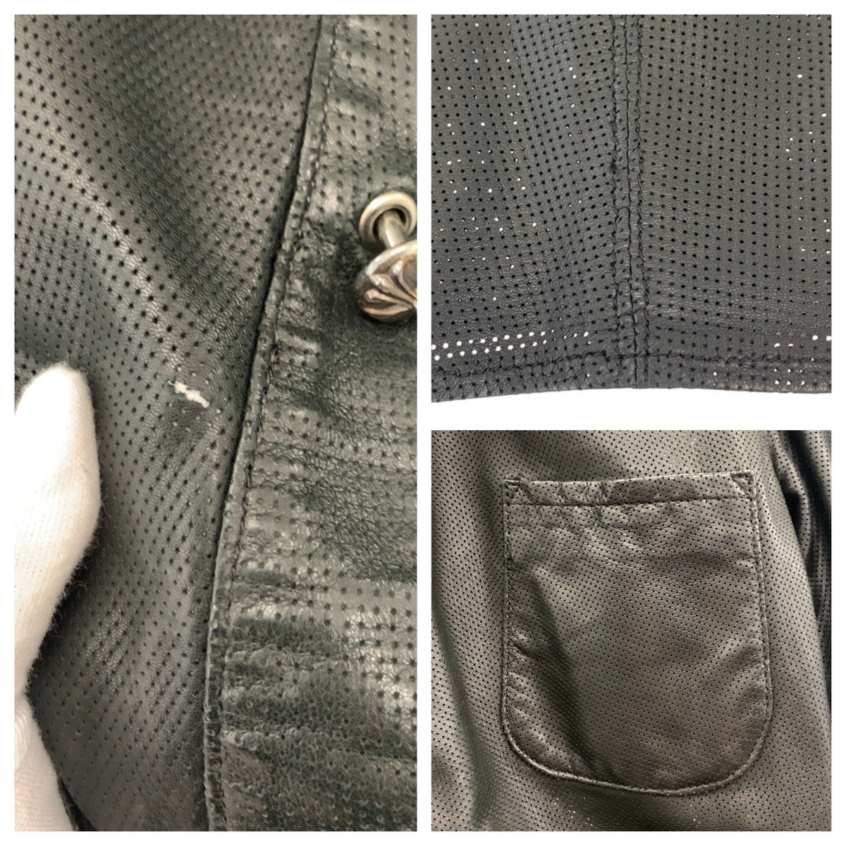 19677
CHROME HEARTS クロムハーツ クロスパッチ クロスボールボタン パンチング サイズS ブラック 黒 レザー 長袖シャツ レザーシャツ メンズ AB400