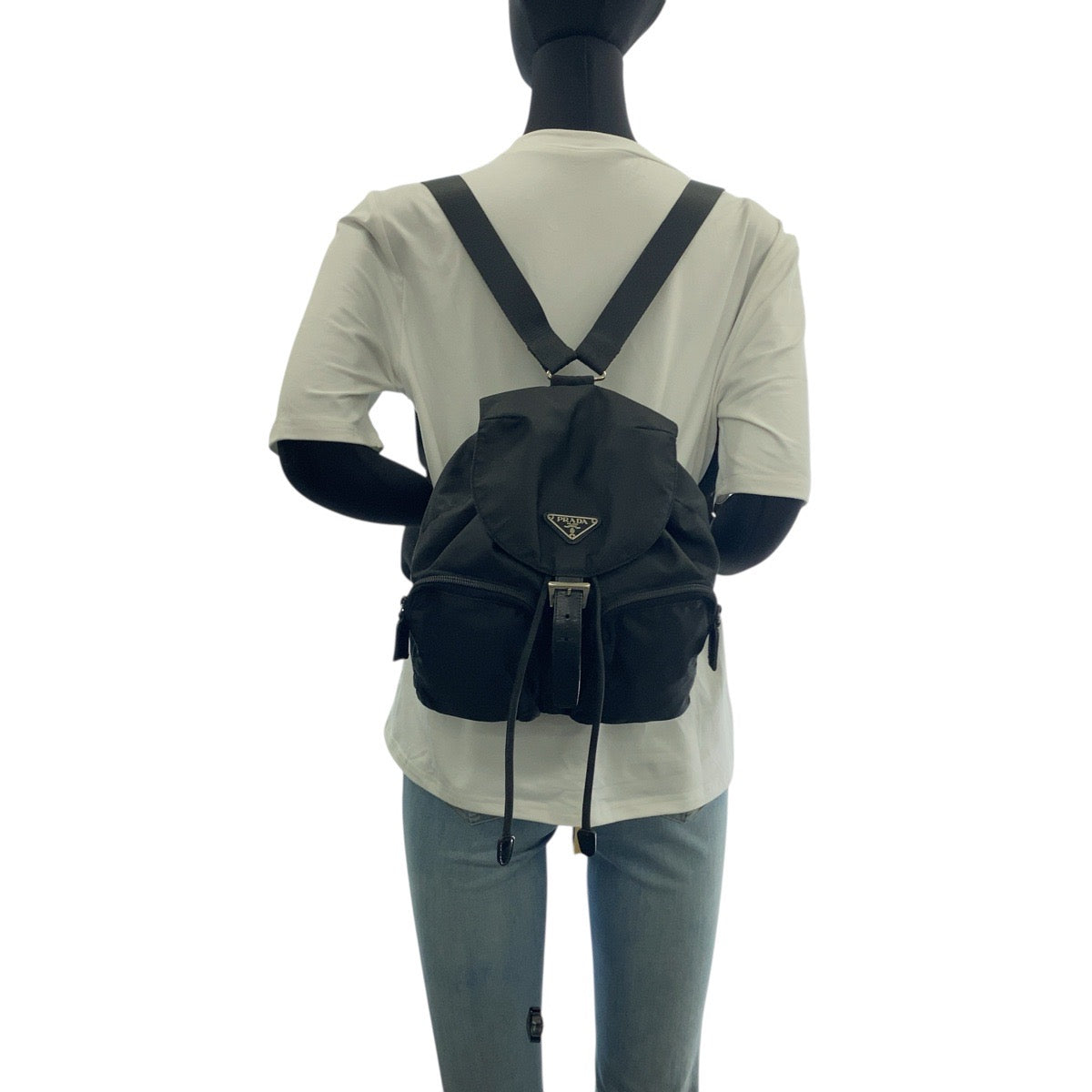 19680
PRADA Tessuto Triangle Logo Plate Black Silver Hardware Nylon Backpack for Women ABP38