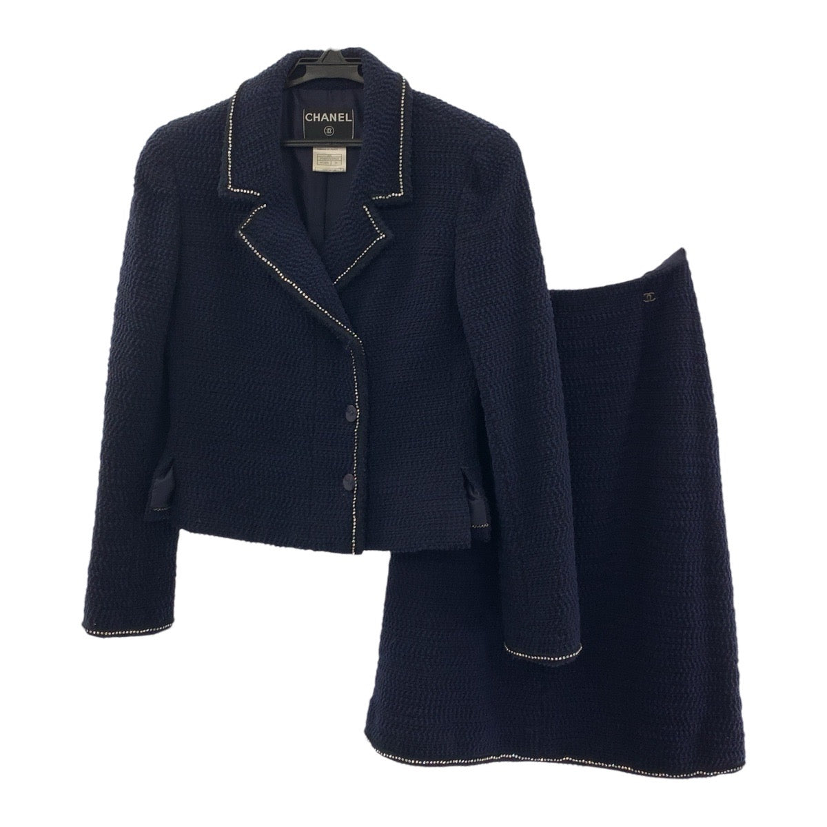 19683
CHANEL シャネル ツイード ココマーク ラインストーン サイズ36 ネイビー シルク / ウール / ナイロン スーツ セットアップ ジャケット レディース A200