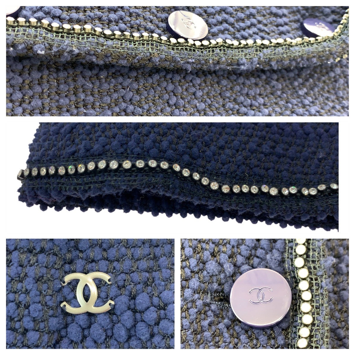 19683
CHANEL シャネル ツイード ココマーク ラインストーン サイズ36 ネイビー シルク / ウール / ナイロン スーツ セットアップ ジャケット レディース A200