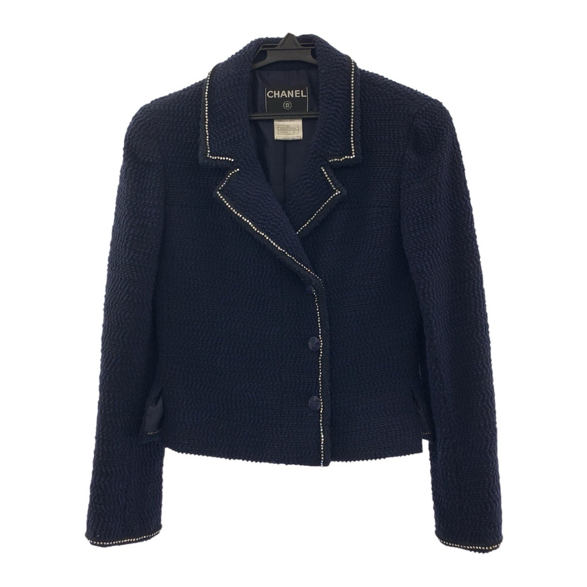 19683
CHANEL シャネル ツイード ココマーク ラインストーン サイズ36 ネイビー シルク / ウール / ナイロン スーツ セットアップ ジャケット レディース A200