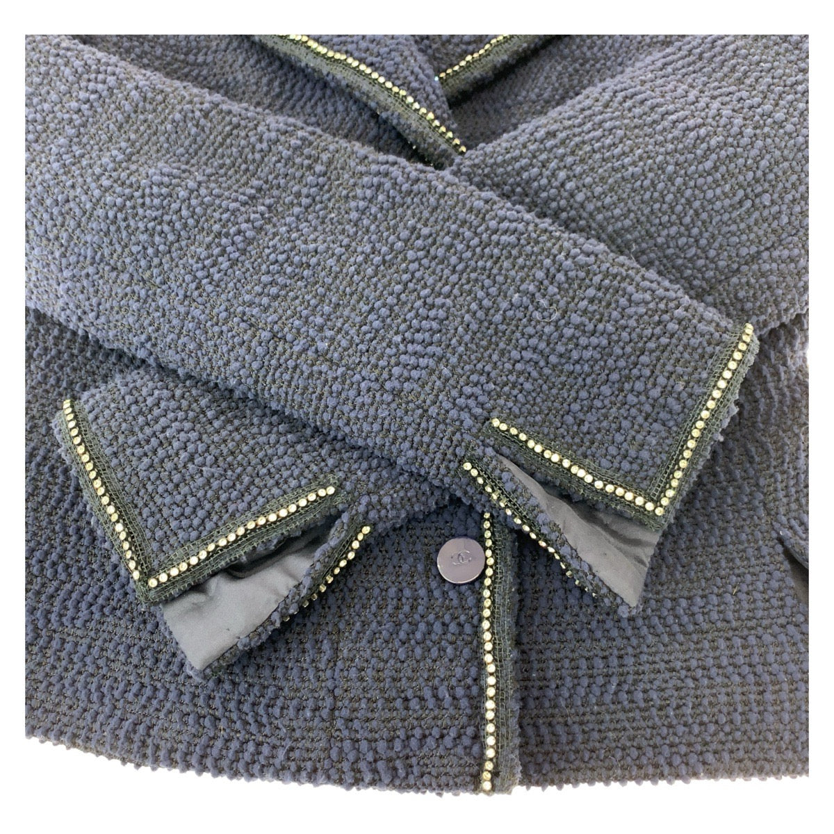 19683
CHANEL シャネル ツイード ココマーク ラインストーン サイズ36 ネイビー シルク / ウール / ナイロン スーツ セットアップ ジャケット レディース A200