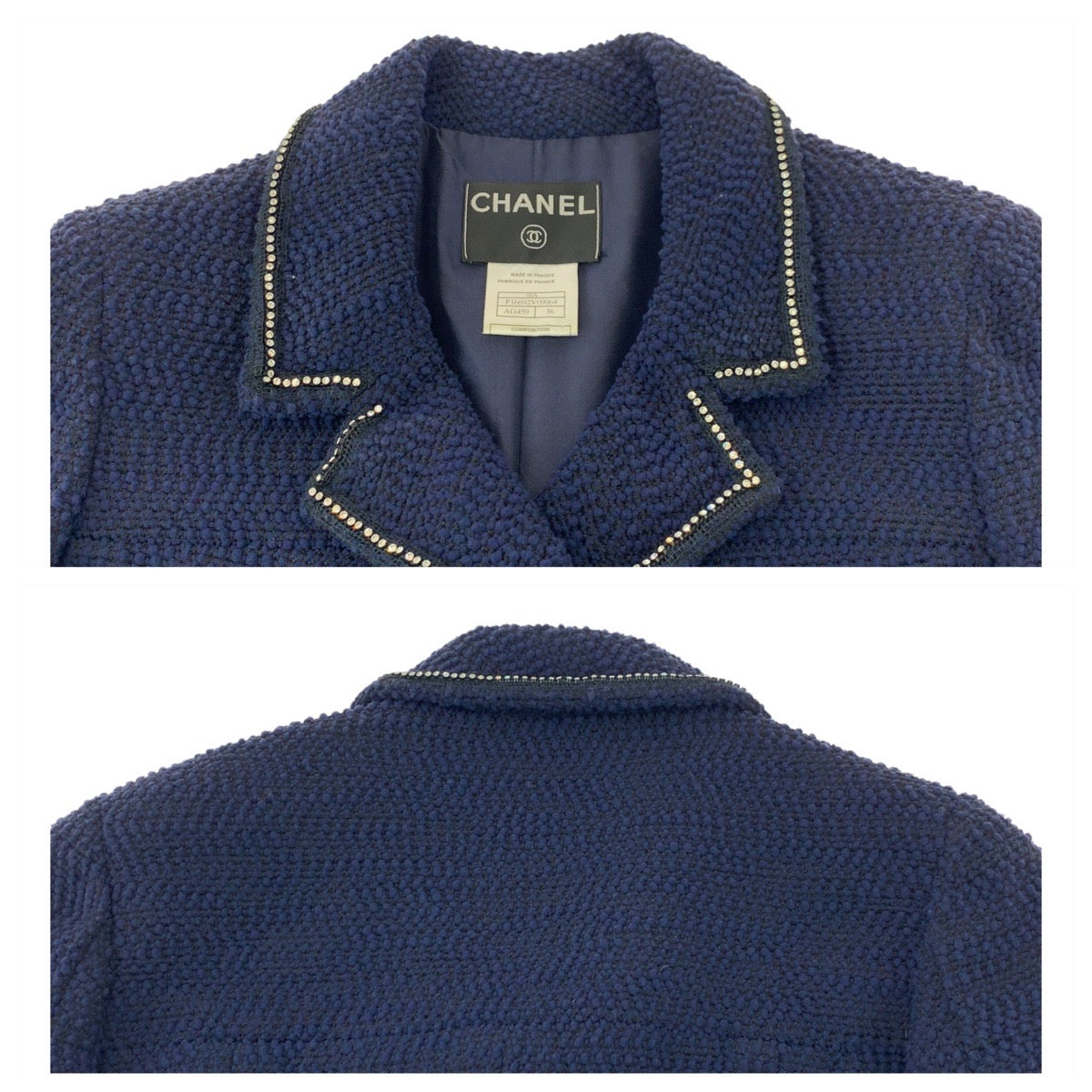 19683
CHANEL シャネル ツイード ココマーク ラインストーン サイズ36 ネイビー シルク / ウール / ナイロン スーツ セットアップ ジャケット レディース A200