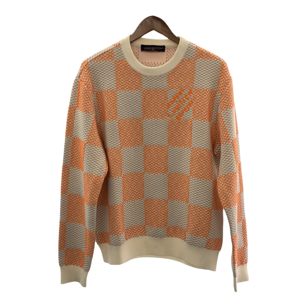 19692
LOUIS VUITTON ルイヴィトン 24SS ダミエ ジャカード コットン プルオーバー サイズM オレンジ グレー アイボリー コットン ニット セーター メンズ AB115