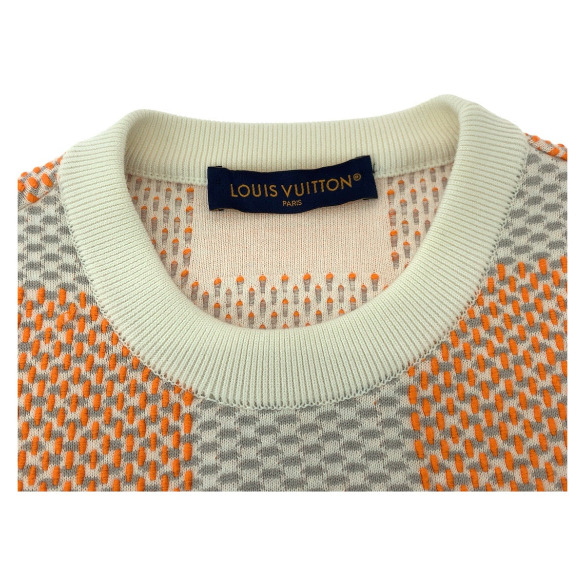 19692
LOUIS VUITTON ルイヴィトン 24SS ダミエ ジャカード コットン プルオーバー サイズM オレンジ グレー アイボリー コットン ニット セーター メンズ AB115