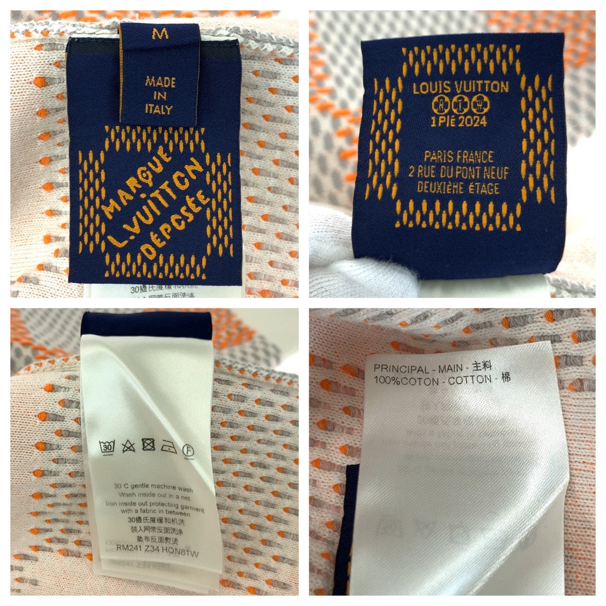 19692
LOUIS VUITTON ルイヴィトン 24SS ダミエ ジャカード コットン プルオーバー サイズM オレンジ グレー アイボリー コットン ニット セーター メンズ AB115