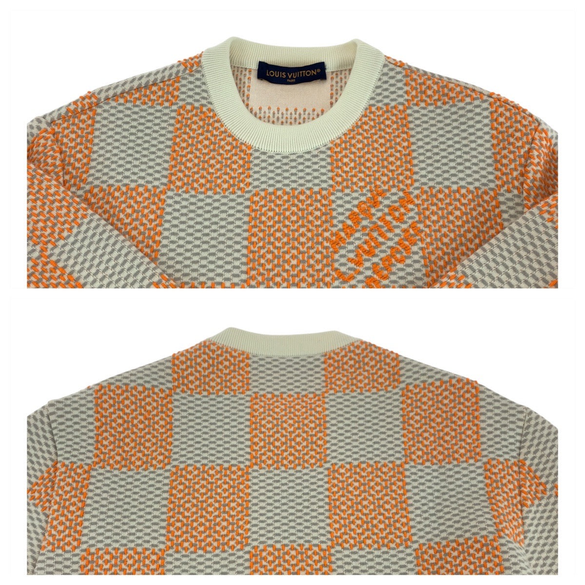 19692
LOUIS VUITTON ルイヴィトン 24SS ダミエ ジャカード コットン プルオーバー サイズM オレンジ グレー アイボリー コットン ニット セーター メンズ AB115