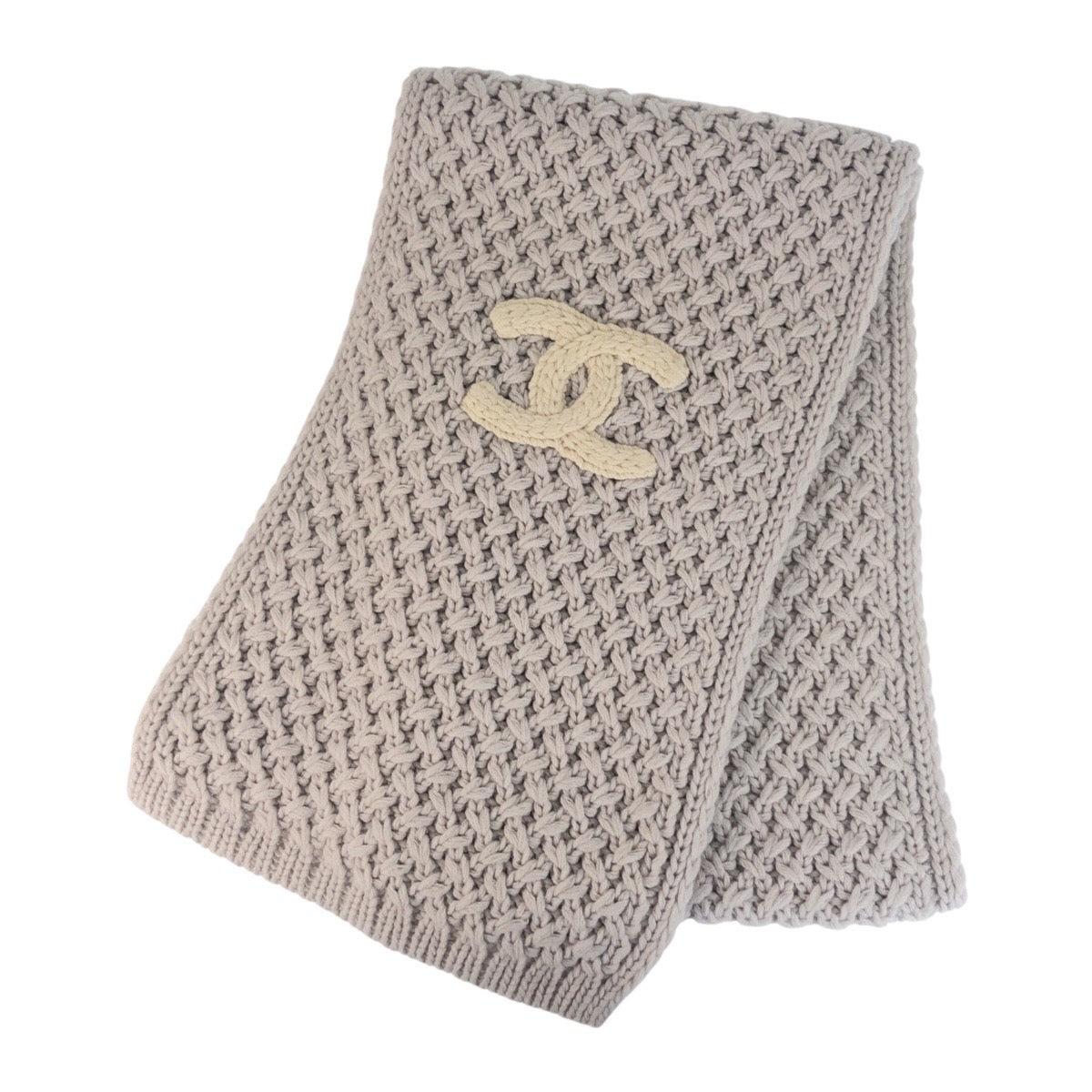 19693
CHANEL シャネル ココマーク ライトグレー ホワイト カシミヤ マフラー ニットマフラー レディース A120