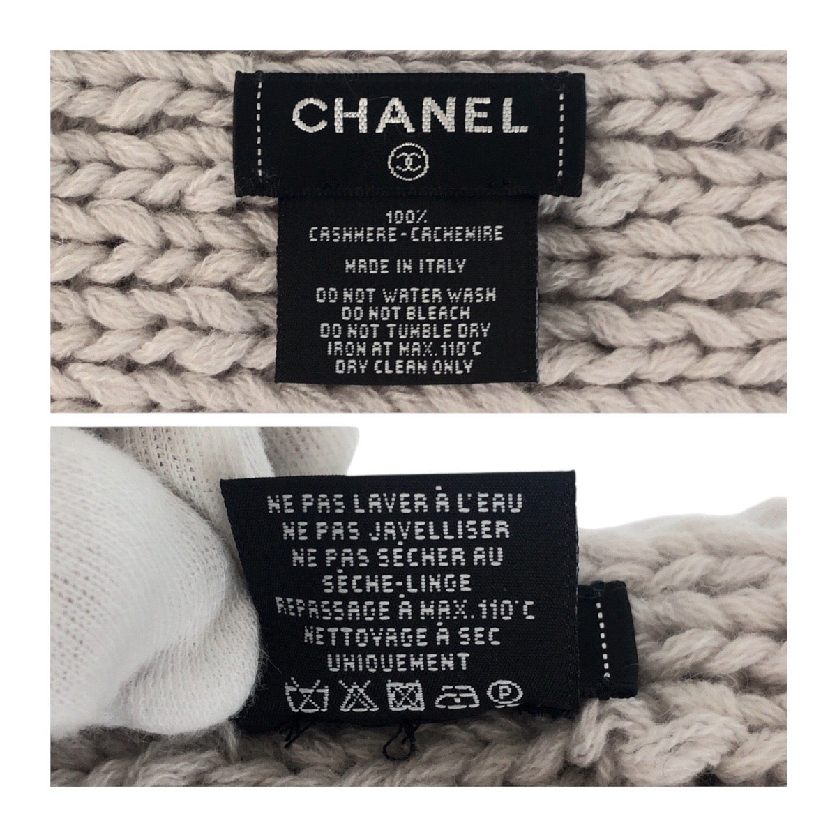19693
CHANEL シャネル ココマーク ライトグレー ホワイト カシミヤ マフラー ニットマフラー レディース A120