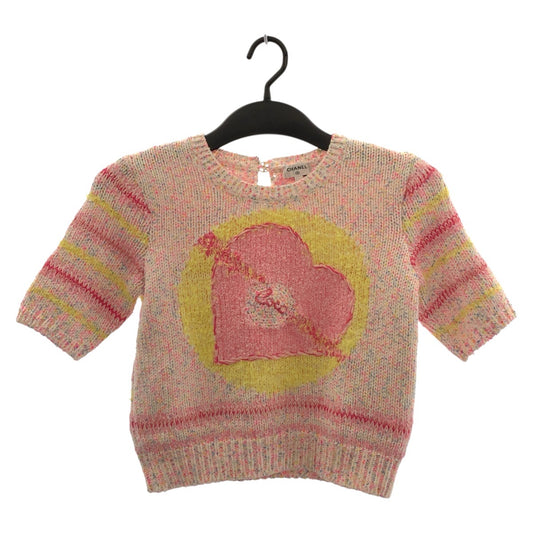 19697
CHANEL シャネル 24SS ハートモチーフ ココマーク サイズ34 ピンク イエロー ウール P76579K11042 短丈 半袖ニット 半袖シャツ カットソー レディース SA257