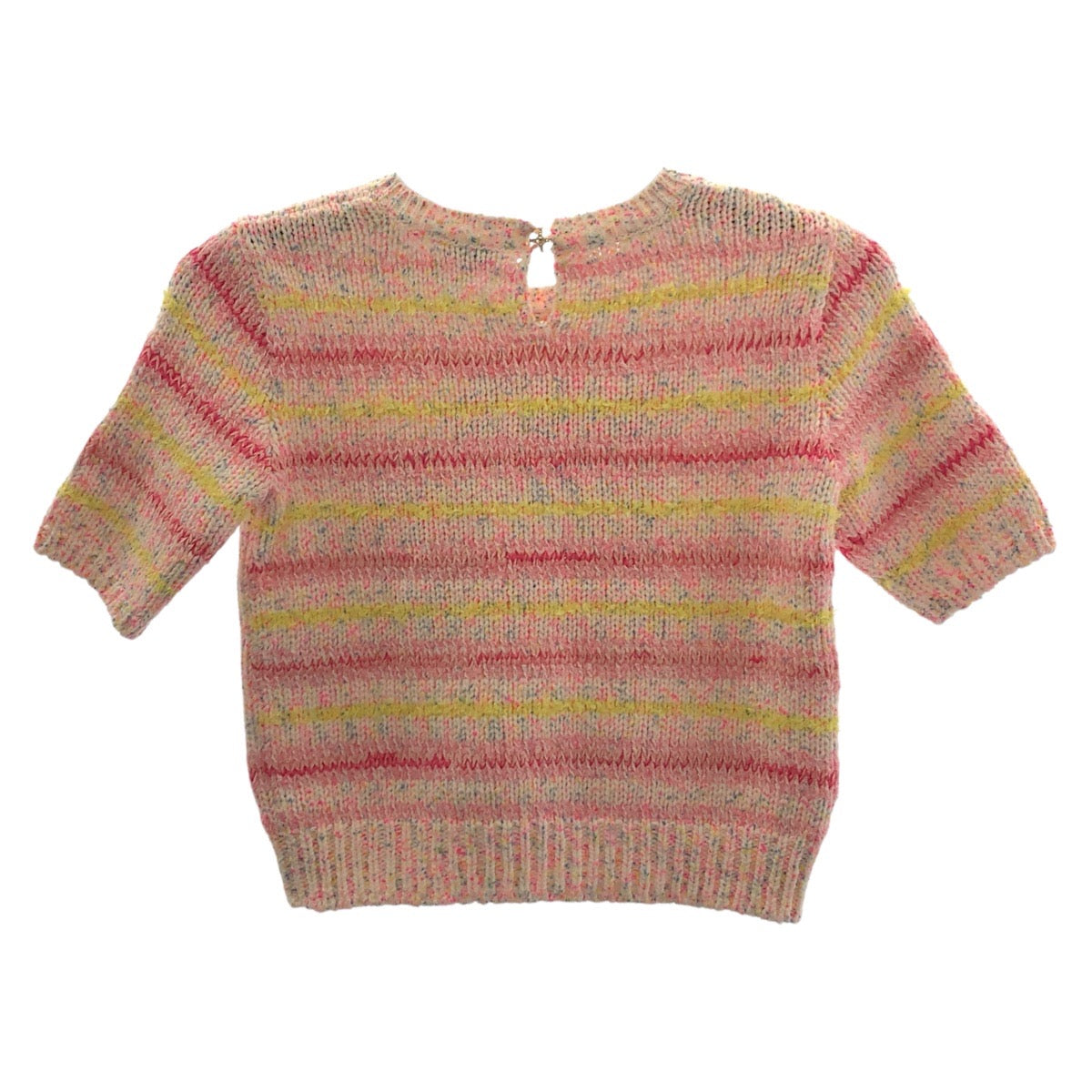 19697
CHANEL シャネル 24SS ハートモチーフ ココマーク サイズ34 ピンク イエロー ウール P76579K11042 短丈 半袖ニット 半袖シャツ カットソー レディース SA257