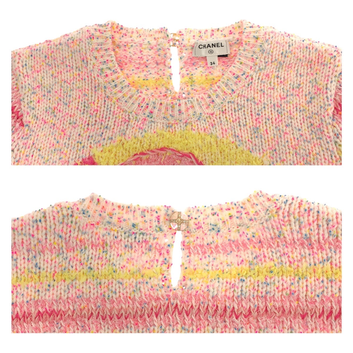 19697
CHANEL シャネル 24SS ハートモチーフ ココマーク サイズ34 ピンク イエロー ウール P76579K11042 短丈 半袖ニット 半袖シャツ カットソー レディース SA257