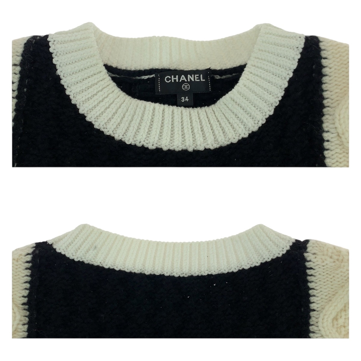 19698
CHANEL シャネル ココマーク サイズ34 ブラック ホワイト ウール P70976K10191 ニット カットソー セーター レディース A278