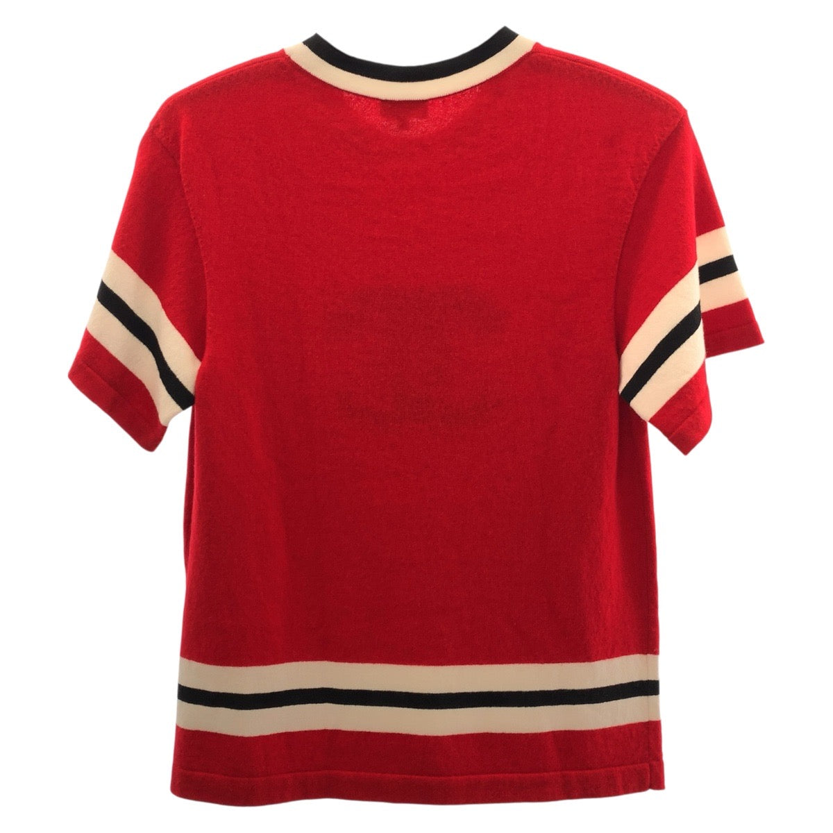 19699
CHANEL シャネル ココマーク サイズ34 レッド ブラック ホワイト カシミヤ P77451K11189 半袖ニット 半袖Tシャツ カットソー レディース SA299