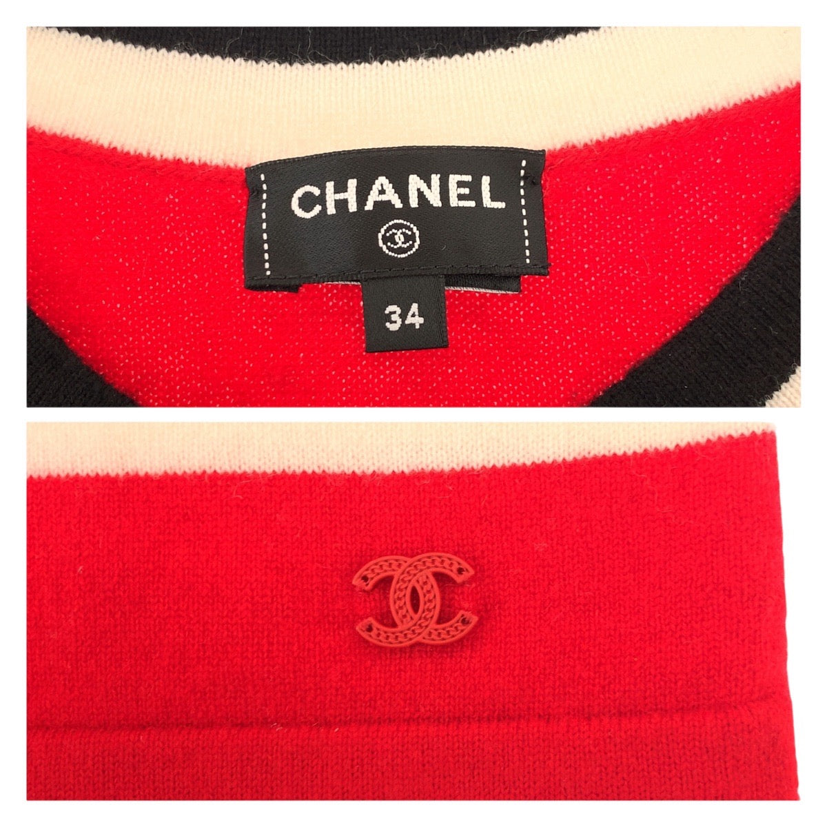 19699
CHANEL シャネル ココマーク サイズ34 レッド ブラック ホワイト カシミヤ P77451K11189 半袖ニット 半袖Tシャツ カットソー レディース SA299