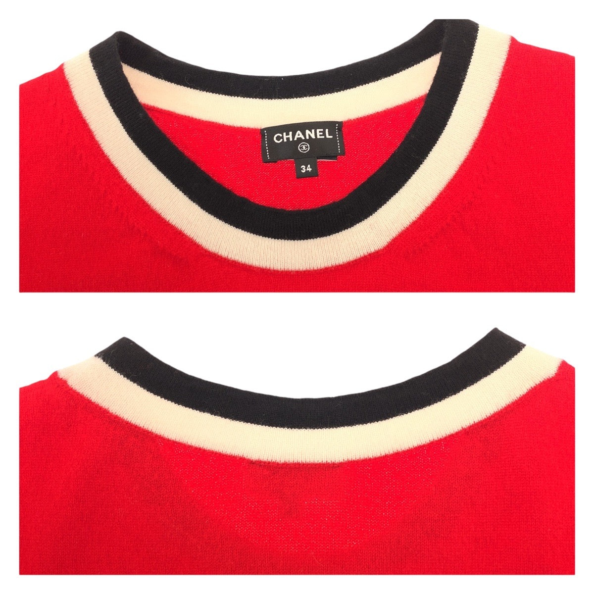 19699
CHANEL シャネル ココマーク サイズ34 レッド ブラック ホワイト カシミヤ P77451K11189 半袖ニット 半袖Tシャツ カットソー レディース SA299